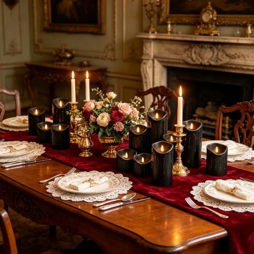 Image of Nimiko Flameless Candles with Remote, Battery Operated Flickering Flameless Candles, LED Candles with Timer 2 /4 /6 /8H, Realistic Drop Wax flameless Candle Set of 9 (D3 x H 3 inch 4 inch 5 inch 6 inch 7 inch) (Black)