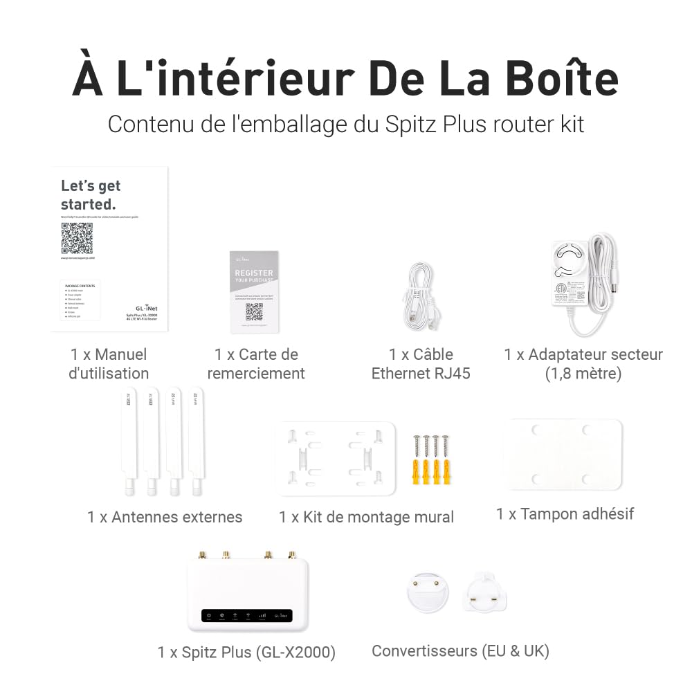 GL.iNet GL-X2000 Spitz Plus routeur 4G LTE Cat 12 Wi-FI 6 Double SIM | 4G CAT 12, Wi-Fi 6, antennes amovibles, double SIM, certifié IoT T-Mobile et AT&T, VPN OpenWrt, maison, camping-car