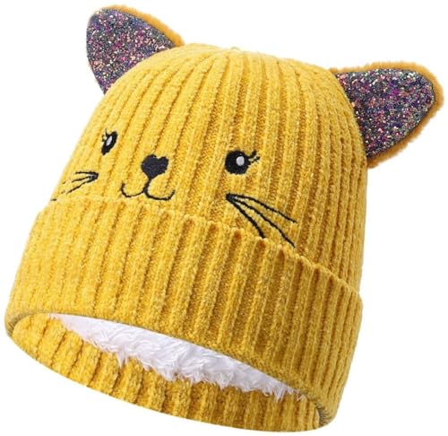 Girls Cat Beanie Hat in Yellow, Size: One Size
