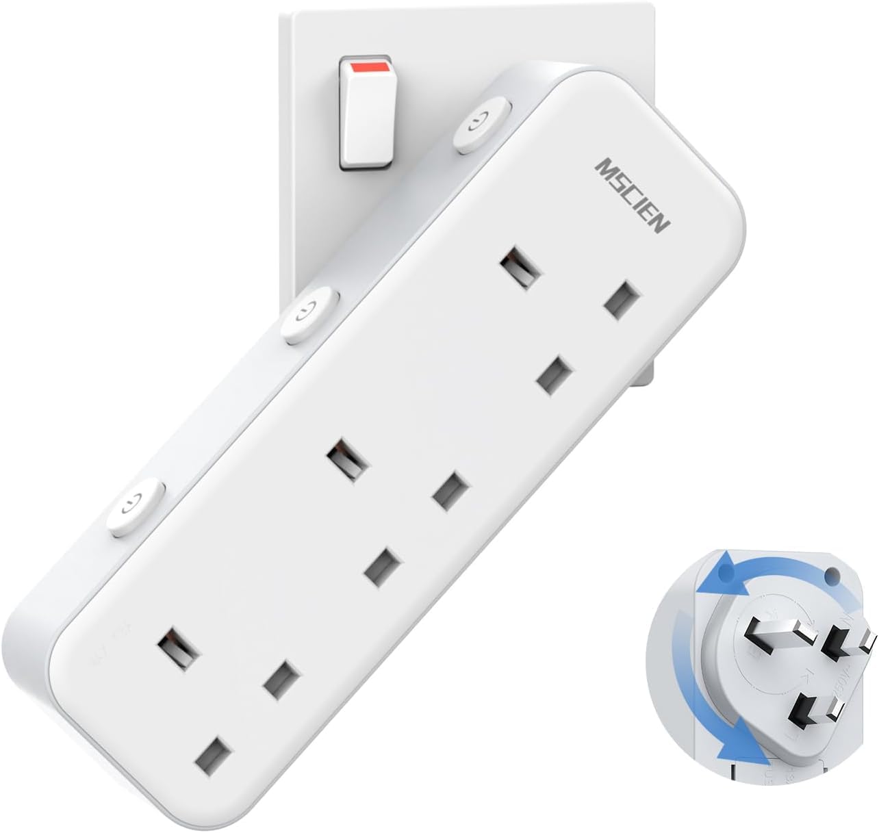 Mscien Multi Plug Extension Socket, UK Wall Socket Plug Extender with 315 Degree Rotating Design for Home, Office, Dorm (3 Way UK Sockets)