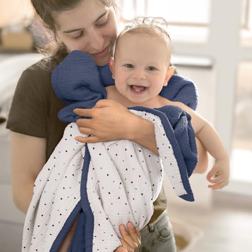 Image of lulumoon Muslin Baby Blanket for Boys: Cotton Toddler Blanket for Daycare | Soft Reversible Crib Bedding for Baby - Lightweight for Naptime, Stroller, Carseat & Travel, 47 inchx47 inch(Blue)