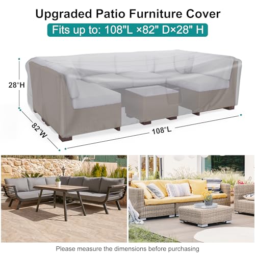 Image of Patio Furniture Set Cover Waterproof, Heavy Duty Funiture Covers for Outdoor Sectional Sofa Set Wicker Rattan Table Chair Rectangular,108 inch Lx82 inch Wx28 inch H,Grey