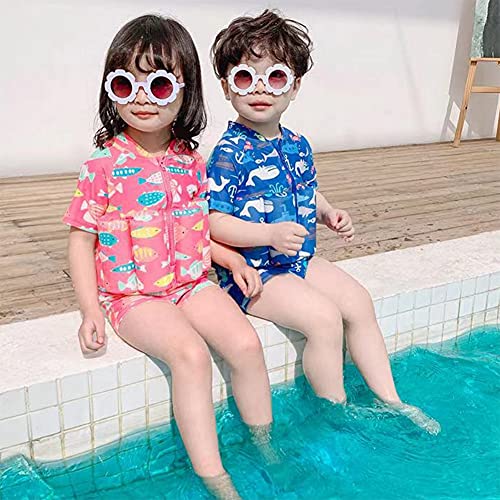 Digirlsor Baby Toddler Girls Boys Float Suit One Piece Rashguard Cartoon Short Sleeve Zip Up Buoyancy Swimsuit +Cap Blue, 1-2T #TOP3