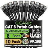 GEARit Cat 6 Ethernet Patch Cable 6 ft Black (10 Pack) Cat6 Patch Cables 6ft Black/Ethernet Patch Cable, 10Gbps 550MHz 24AWG Pure Copper, Snagless, Gold Plated RJ45 for Router, Server, Router, PC
