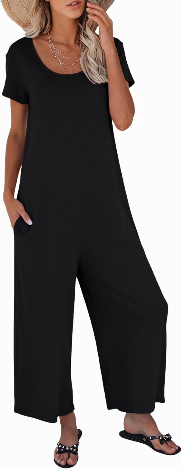 Nfsion Womens Summer Casual Jumpsuit Short Sleeve Crewneck Long Pants Rompers Overalls with Pockets