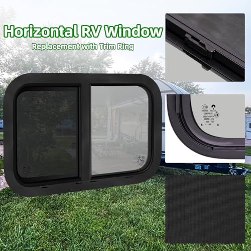 Image of 18 inchW x 15 inchH RV Windows for Cargo Trailer Camper,Tinted Horizontal Sliding | RV Cargo Trailer Camper Window Replacement w /Screen&Trim Ring,Fit 15 /16 inchor 1-3 /8 inch Thick Wall,Allow Error 1 /16 inch,DOT Approved