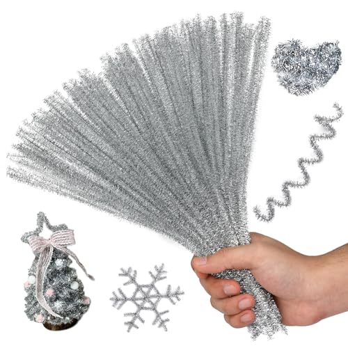 Image of Hssugi 100PCS Pipe Cleaners, Glitter Silver Chenille Stems Craft Supplies | Pipe Cleaners Craft Supplies, Glitter Pipe Cleaners Bulk Fuzzy Sticks for DIY Art and Craft Projects Home Decoration