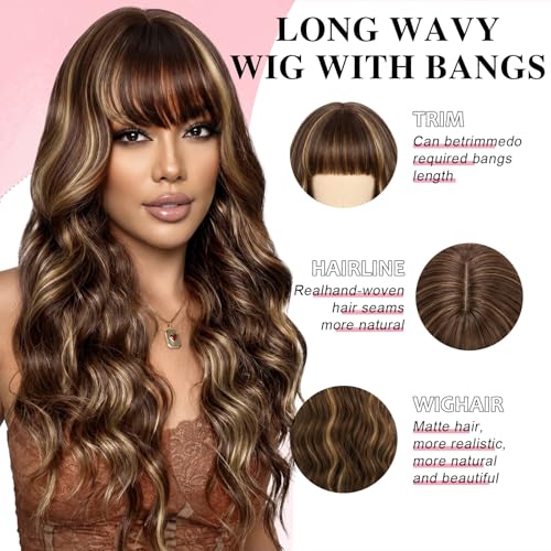 NOSTALGIA Brown Highlight Wig with Bangs for Women Long Wavy Synthetic Wig - image 3