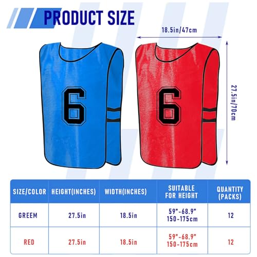 Komphy 24Pcs Scrimmage Training Vest, Soccer Team Practice Vest with Reversible Numbers, Team Sports Practice Pennys Basketball Football Jerseys with Belt for Men Adult Youth, Red, Blue, Standard - Image 3