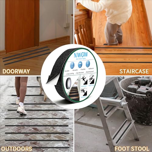 Image of Black Anti-Slip Stair Treads Tape,1 inch x35FT Heavy Duty PVC Non-Skid Grip Tape for Wooden Steps, Indoor /Outdoor Stairs, Pool Decks - Peel & Stick Waterproof Safety Traction