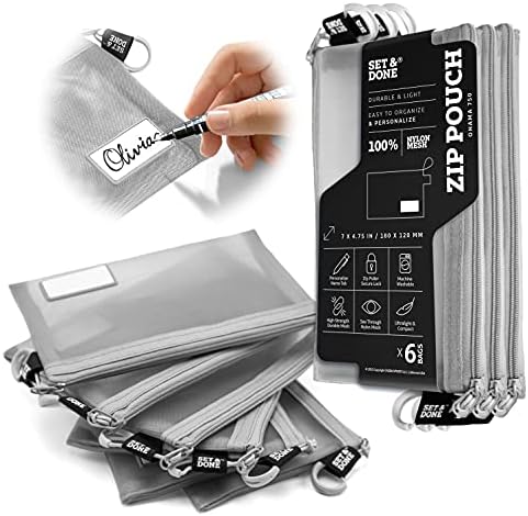 Set & Done Zipper Pouch, Durable Nylon Mesh Bag/ Case for Pencil, Pen, Cosmetic, Travel Kit Organizer, Small Document Storage with Personalization (Grey- 6 Bags, 7" X 4.75" with Waterproof Marker)