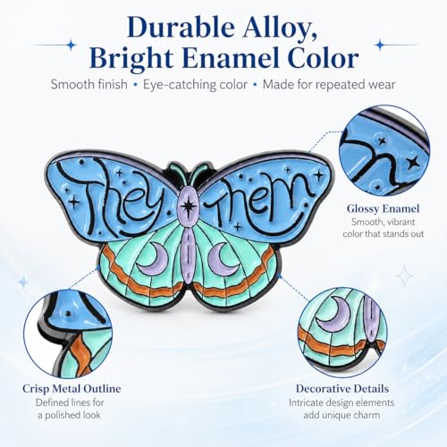 Image of LGBTQ Pronouns Cute Butterfly Pin - She They /He Him /They Them /She Her /He They Gender Identity Bulk Pins for Pride Parade, Daily Wear, Lapel, Hat, Backpack(Free 1pc Pride Sticker Included)