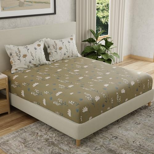 Image of HUESLAND by Ahmedabad Cotton 144 TC Double Bedsheet Cotton with 2 Pillow Covers | Olive Green, White