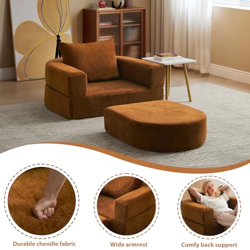 Folding Sofa Bed Chair, 2 in 1 Convertible Sofa to Lounger, High Density Foam Single Floor Sleeper Chair for Living Room, Apartment, Dorm, Small Spaces, Chenille Fabric and Wide Armrest, Orange