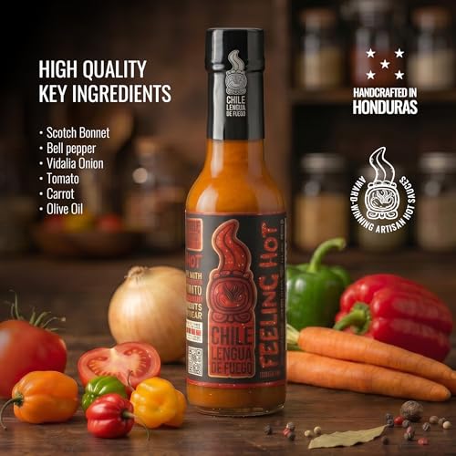 Image of Chile Lengua de Fuego Feeling Hot - Everyday Table Hot Sauce, Tomato & Scotch Bonnet, Smooth Savory Medium, 5 oz Bottle (Pack of 1)