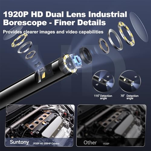 Dual Lens Industrial Endoscope, 1920p Borescope Camera with 8+1 Adjustable Led Light, Endoscope with 16.5ft Semi-Rigid Cable Snake Camera/ 7.9mm Ip67 Waterproof Camera for iPhone, Ipad, Samsung