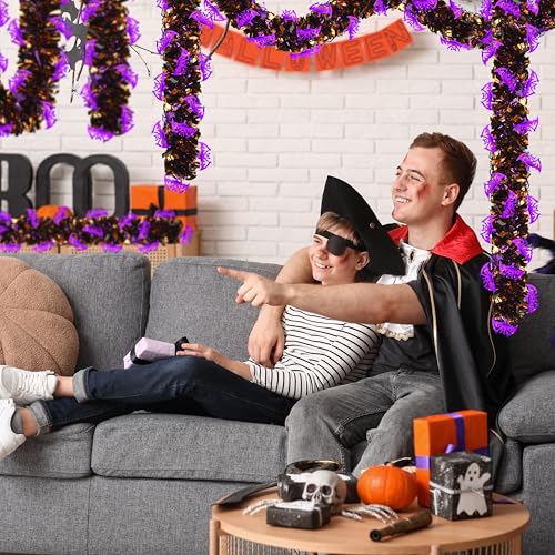 Image of 50 FT Halloween Tinsel Garland, Glitter Tinsel Garlands with Black Orange Purple Bat, Metallic Holiday Hanging Streamers for Halloween Party Supplies Indoor Outdoor Decoration
