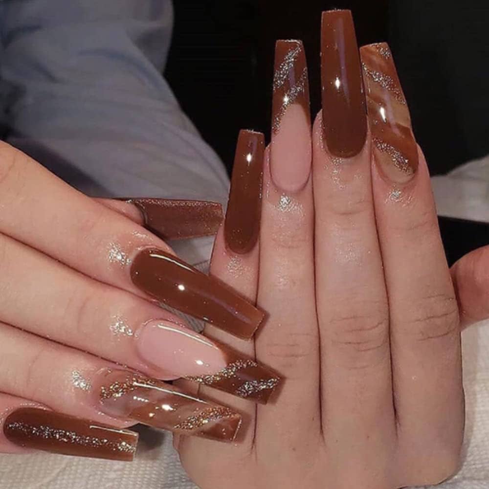 Brown Marbled Nails That Shine