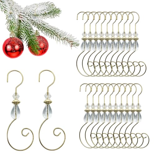 Furimuk 20 Pcs Christmas Ornament Hooks, Clear Crystal Bead Decorative S-Hooks, Gold Wire Hangers for Christmas Tree Decorations 3 Inches Long (Clear Crystal)