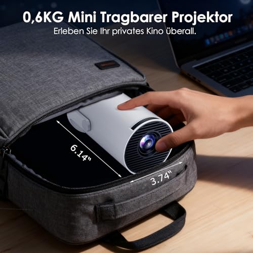 WOLFANG Mini Beamer【Integrierte Apps & WiFi 6】 1080P Tragbarer Projektor mit Bluetooth 5.4 und Auto Vertikale Trapezkorrektur, Beamer Heimkino mit 180° Ständer, Kompatibel mit iOS/Android/PC/TV-Stick
