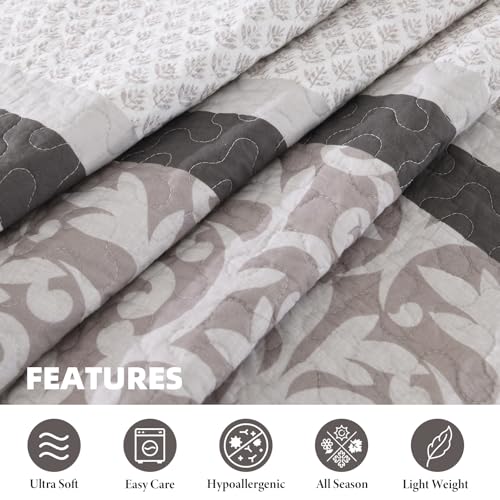 Bedduvit 100% Cotton 120"x128" Oversized California King Bedspreads - Farmhouse Botanical Cal King Bedspread Set, 3pcs Lightweight Rustic Striped Patchwork Extra Large Cotton Quilts, Brown/Gray/White - image 6