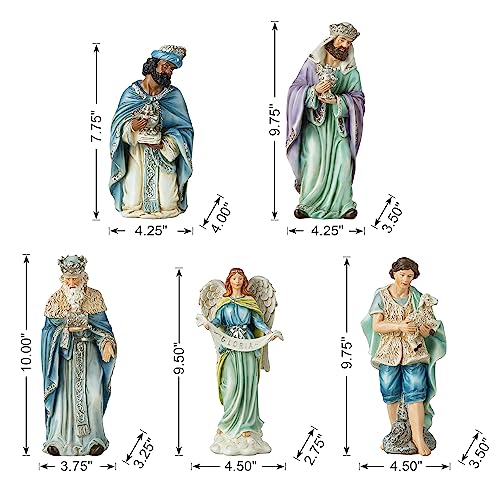 Image of Glitzhome 12Pcs Nativity Figurines Sets for Christmas Indoor, Deluxe Blue Resin Christian Nativity Set Xmas Nativity Scene Tabletop Ornaments Miniatures Statue Nativity Figures Collectible 10 inch x 26 inch