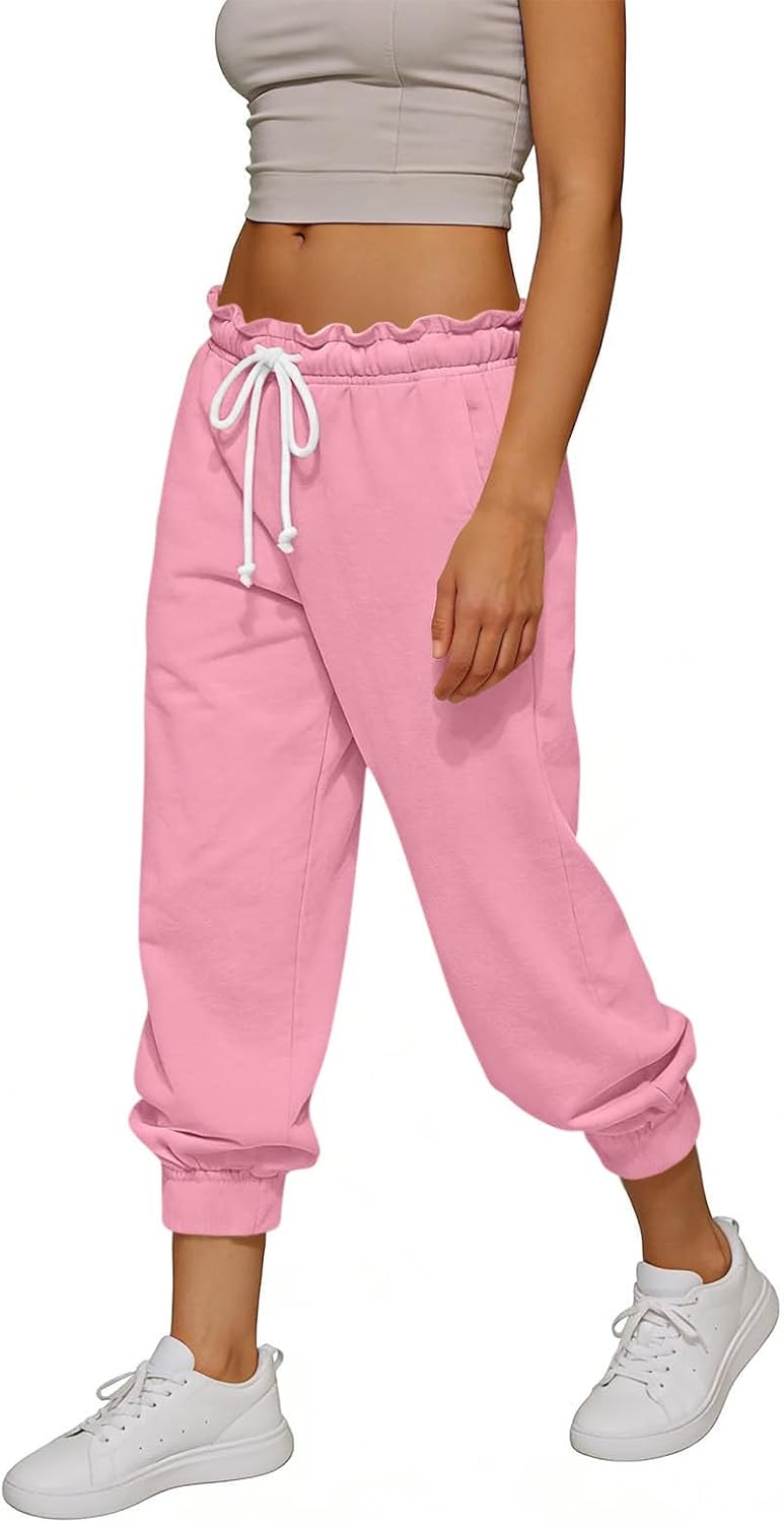 Women's Capri Joggers Ruffled Drawstring Workout Elastic Waisted Sweatpant with Pocket Comfy Casual Cropped Pants