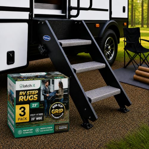LATCH.IT RV Step Covers 3 Pack | 23-inch Wide Camper Step Covers Fit 8-11 Deep Stairs | Gray RV Stair Covers | Straight RV Step Carpet | Keep Your RV Cleaner with Our RV Stair Carpet!