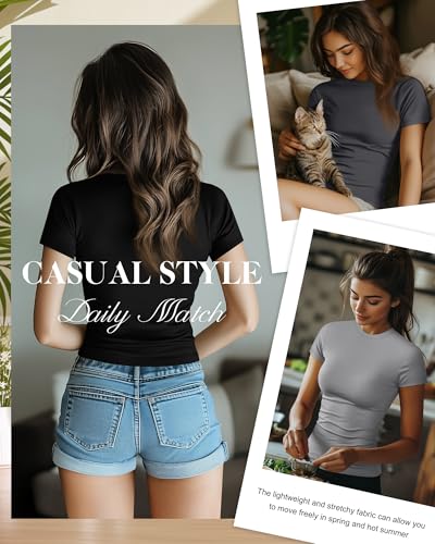 7 Pack Women's Fitted Basic T-Shirts Bulk Crewneck Tight Cotton Short Sleeve Tee Multipack Slim Summer Casual Tops2