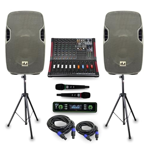 MUSYSIC Portable PA System with 2000W Amp & Wireless UHF Microphone System. 6 Ch Audio Mixer with Multiple Inputs. pa system with wireless microphone and speakers, Complete w/Stands – 10″ Speaker 800W