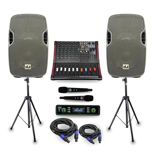 Complete Professional 2000 Watts PA System 6 Ch Mixer 10" Speakers Dual Wireless Mics Stand