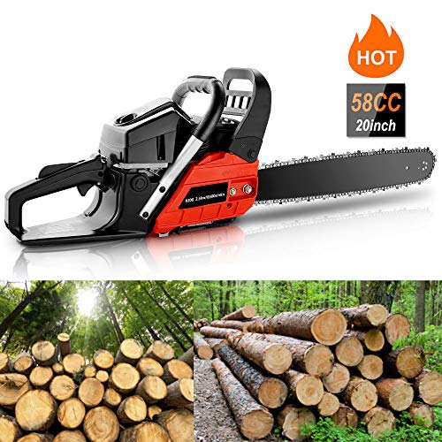 KGK 58CC Gas Powered Chainsaw 20 Inch Gas Chain Saw 2 Strokes Automatic Chain Oiler Anti-vibration System Wood Cutting Petrol Chainsaw with Tool Kit Carry Bag for Cutting Trees Farm Garden