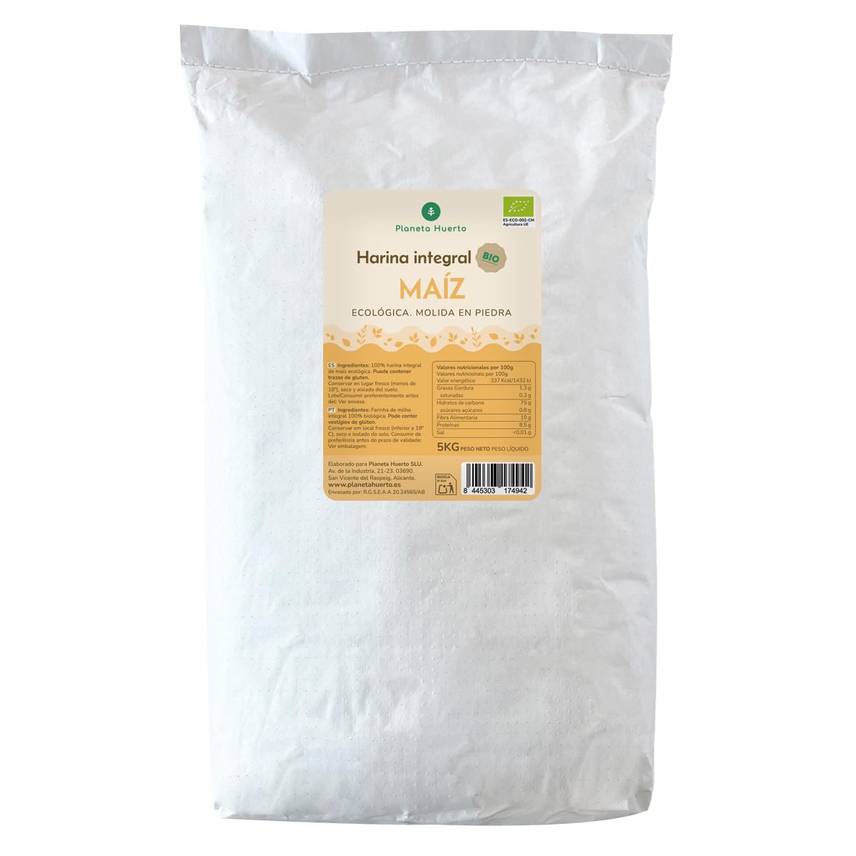 PLANETA HUERTO | Harina Integral de Maíz Eco 5 Kg – Rica en Fibra y Nutrientes