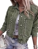 Kwoki Women's Studded Denim Jacket Casual Long Sleeve Western Distressed Rivet Cropped Jean Coat KF1387 Army Green M