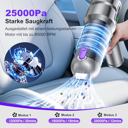 botatio Handstaubsauger, 25000Pa 4-in-1 Handstaubsauger Akku mit Bildschirm mit Display, 1-Knopf-Selbstentleerung & 3-Stufigem Bürstenlosen Motor für Haus, Auto, Haare, Silbern