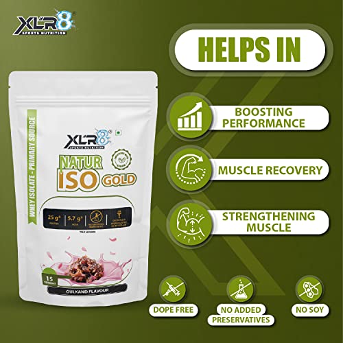 Image of XLR8 Natur Iso Gold Whey Protein Isolate, 25g Protein, 5.7g BCAA, Sweetened with Stevia, VEGETARIAN, ZERO SUGAR, Muscle Support and Recovery. (Gulkand Flavour, 500g)