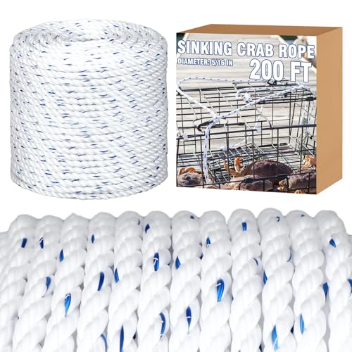 Wesnoy Sinking Line 5/16' Dia-200' Leaded Core Rope for Crab Trap and Shrimp Pot Crab Trap Rope 3 Strands Twist PP Line for Harness Fishing Industry