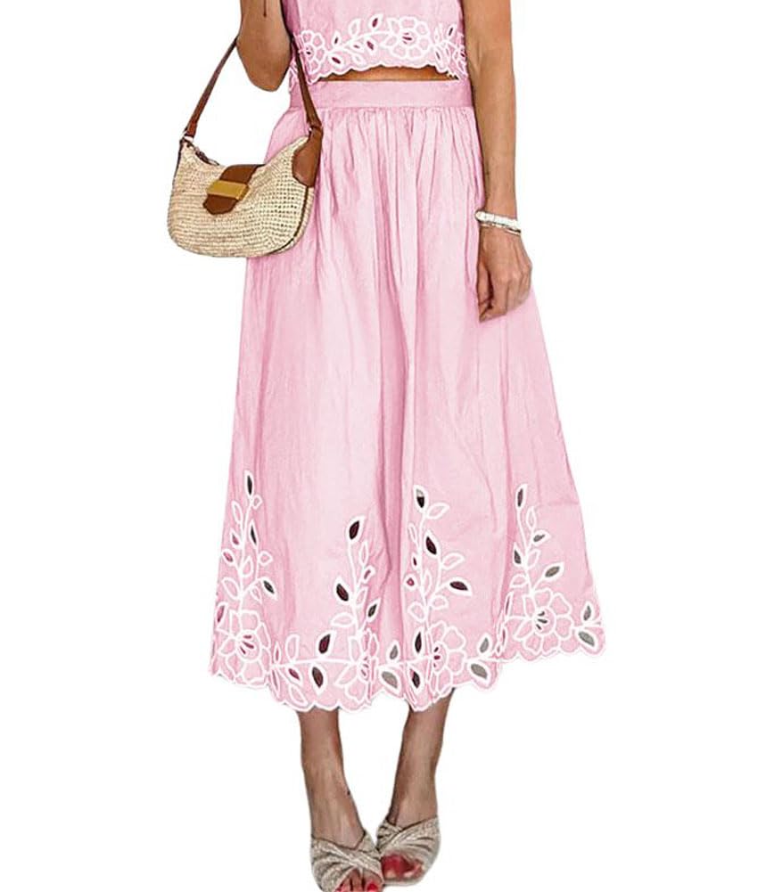chouyatou Womens Retro Floral Embroidery Midi Long Skirt Back Elastic Waist Pleated A-Line Skirt with Pockets