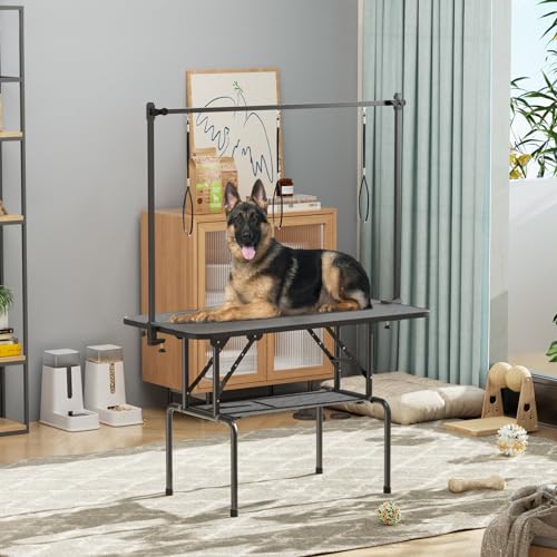 Image of ROOMTEC 46 Inch Dog Grooming Table,Foldable Pet Grooming Tables at Home with Adjustable Arm,Nooses, Mesh Tray