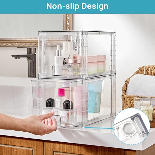 Image of Vtopmart 6 Pack Large Stackable Storage Drawers | Easily Assemble Acrylic, Bathroom Closet Undersink Organizers, Plastic Bins for Kitchen Cabinets, Pantry, Makeup, Medicine