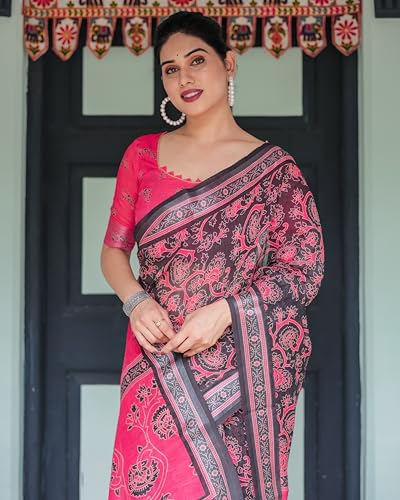 Image of Kaugalian store Linen Cotton Floral Printed Saree for Women with Unstitched Blouse Piece | 5.5 M Saree & 0.8 M Blouse
