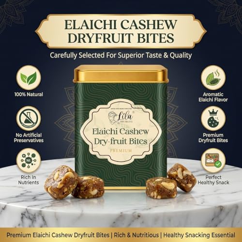 Image of LILA DRY FRUITS Dry Fruit Bites 200 gms Elaichi Cashew Dry Fruits Barfi | Dates, Cashews, Cranberries, Desi Ghee & Cardamom | Soft Energy Bites | Natural Sweet Snack for Daily Munching Perfect for Gifting