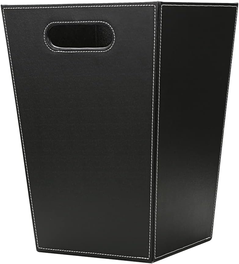 KINGFOM Classic Pu Leather Trash Can Wastebasket, Garbage Container Bin with Handles for Bathrooms, Powder Rooms, Kitchens, Home, Office and and High Class Hotel Square Black