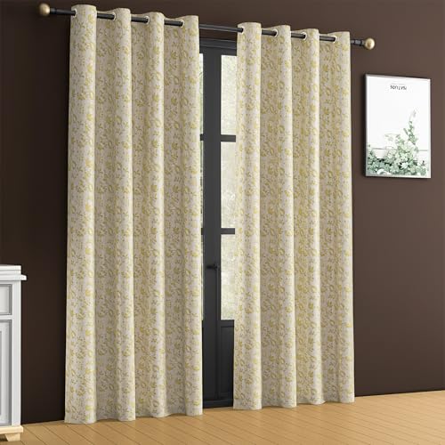 Image of Yellow Weaves 2 Pcs Jacquard Botanical Eyelet Long Door Curtain - Perfect for Home, Office, Bedroom, Living Room & Balcony - 9 Feet (Golden)