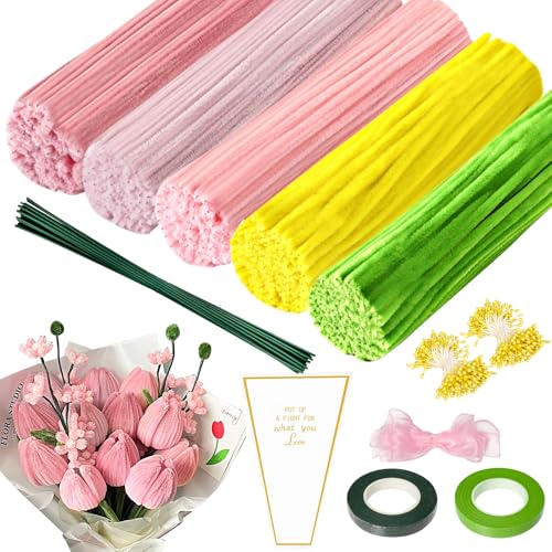 400 Pezzi Tubi Pulitori per Pipe Fai da Te, Set per Fiori in Tubi Pulitori, Set per Creare Tulipani, Pipe Cleaners per Bouquet Fai da Te, Con Nastro Floreale, Filo, Stami, ecc