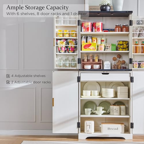 Fluted Pantry Cabinet, 72" Tall Modern Storage Cabinet with 4 Doors, Organizer, Drawer and Adjustable Shelves, Wood Cupboard for Kitchen, Dining Room, Living Room and Bathroom, Off White