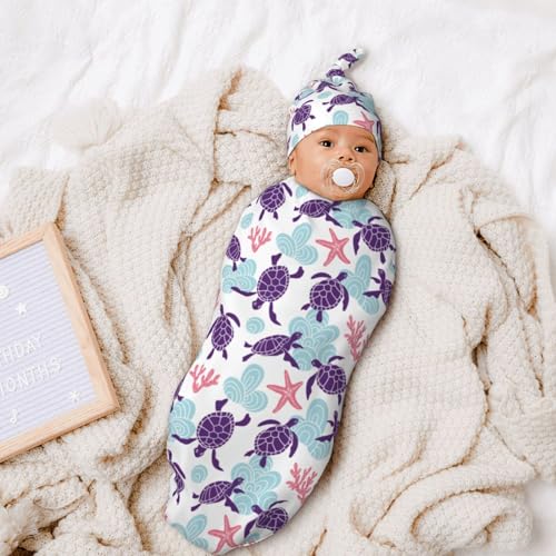 Image of Sea Turtle Ocean Coastal Newborn Swaddle Blankets Baby Stuff Soft Swaddling Blanket with Beanie Sets Gifts For Infant Boys Girls