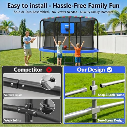 Image of ACWARM HOME Trampoline Outdoor 8FT 10FT 12FT 14FT 15FT 16FT Trampoline with Basketball Hoop and LED Lights, Recreational Trampolines for Kids and Adults with Enclosure Net & Ladder, ASTM Approved