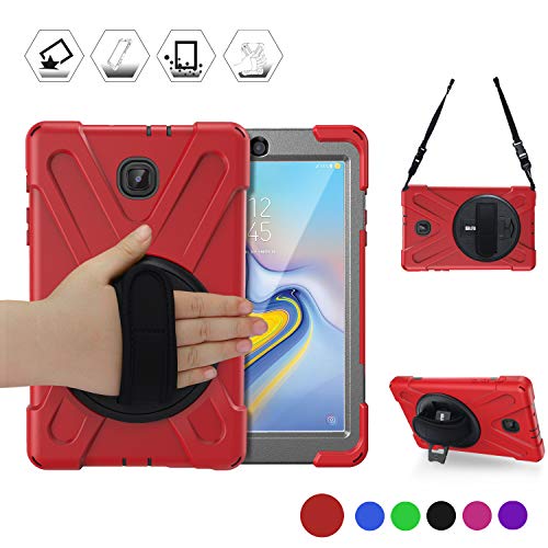 Galaxy Tab A 8.0 2018 Case with Carrying Shoulder Strap, BRAECN Full-body Protection Shockproof Case with 360 Degree Rotating Kickstand and Handle Strap for Samsung Galaxy Tab A 8.0 2018 SM-T387V(RED)
