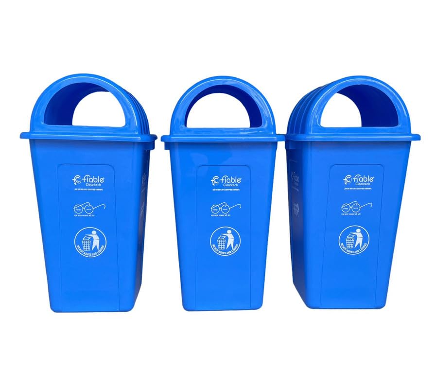 Image of 90L Blue Dome Shape Plastic Dustbin - Pack of 3 | Large Outdoor Trash Can for Residential & Office
